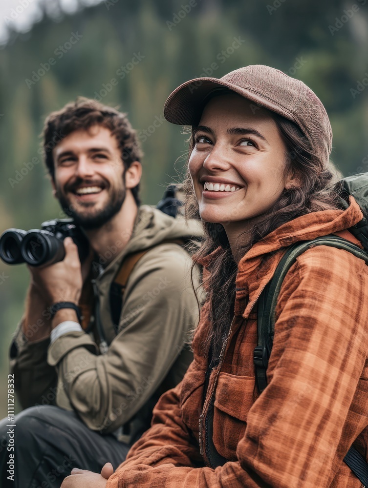Portrait of happy young couple having fun on their hiking trip. Caucasian and asian hiker couple enjoying themselves on summer vacation. They are watching nature with binoculars. Portrait of happy young couple having fun on their hiking trip. Caucasian and asian hiker couple enjoying themselves on summer vacation. They are watching nature with binoculars.