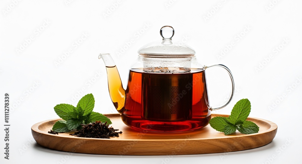 Freshly brewed tea in a transparent glass teapot placed on a wooden tray Freshly brewed tea in a transparent glass teapot placed on a wooden tray