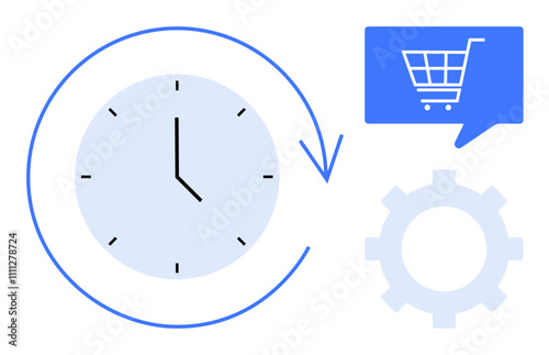 Clock with arrow indicating time management, gear wheel symbolizing mechanisms, and speech bubble with shopping cart for e-commerce communication. Ideal for business, marketing, e-commerce
