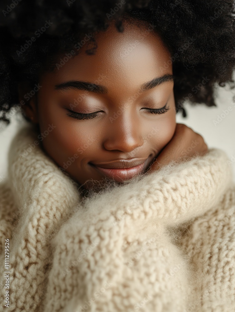 Self care and tenderness concept. Pleased dark skinned woman embraces herself, holds shoulders, feels comfort in her new sweater, has romantic tender mood, needs feel warmth, comfort and love Self care and tenderness concept. Pleased dark skinned woman embraces herself, holds shoulders, feels comfort in her new sweater, has romantic tender mood, needs feel warmth, comfort and love