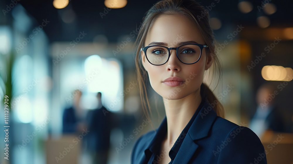 Confident young businesswoman in glasses and formal suit standing in a modern office. Professional leadership and career development concept. Confident young businesswoman in glasses and formal suit standing in a modern office. Professional leadership and career development concept.