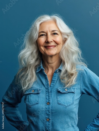 self-care, retirement and old people concept - portrait of smiling senior woman in denim shirt over blue background