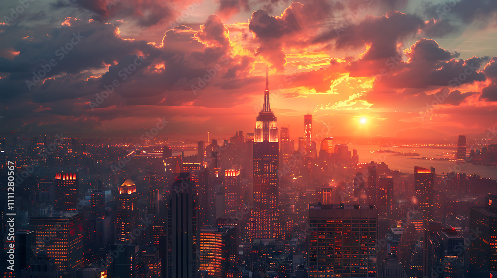 Fototapeta premium Sunset Over a Steampunk Cityscape: A Vibrant Fusion of Futuristic Architecture and Classic Design, Embraced by a Warm Golden Glow at Dawn