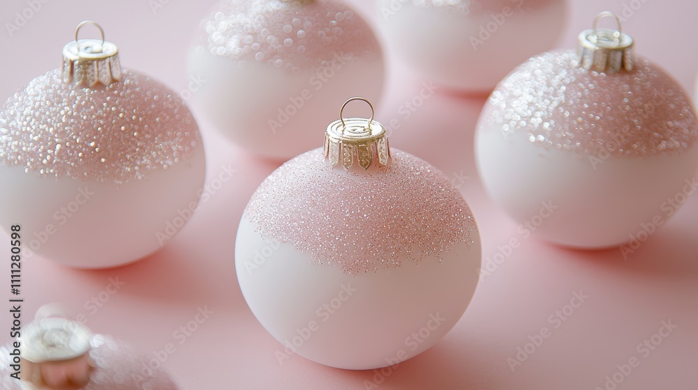 Festive christmas ornaments display soft pink background holiday decor cozy atmosphere Festive christmas ornaments display soft pink background holiday decor cozy atmosphere