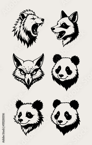 set of black and white illustration of wild animals