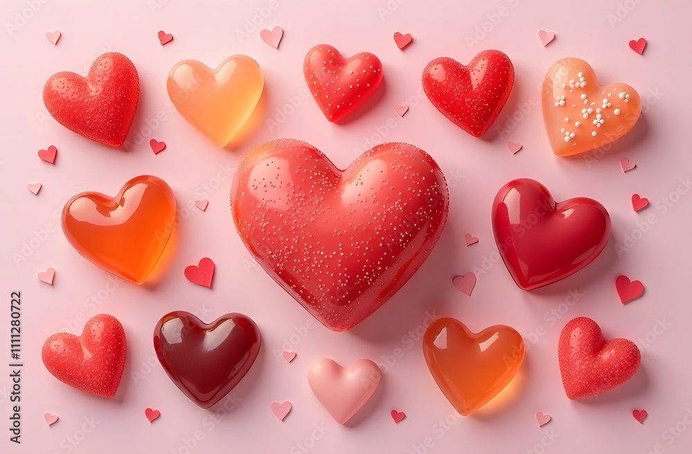 Fototapeta premium A delightful assortment of heartshaped desserts beautifully arranged against a soft pink background, creating a visually appealing treat