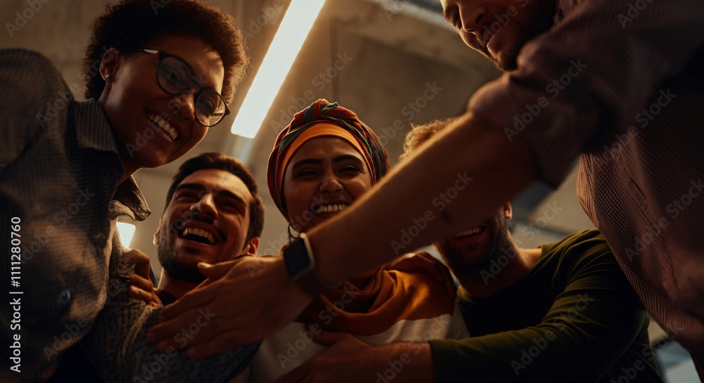 Fototapeta premium Group of diverse coworkers celebrating success in a modern office