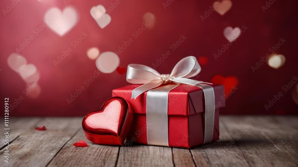 Red present box tied with satin ribbon, on a red background, with red petals floating, symbolizing celebration and romance. Valentines day. Video 4k Red present box tied with satin ribbon, on a red background, with red petals floating, symbolizing celebration and romance. Valentines day. Video 4k