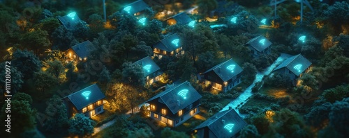 Night view of rural houses with high-speed internet connectivity. Homes illuminated, wireless signal icons glow on roofs. Eco friendly tech development for rural areas. Digital connectivity, remote
