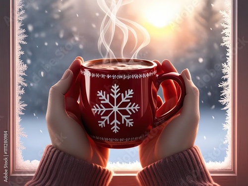 A cup of hot, delicious cocoa with a snowflake in the palms, near the winter window photo