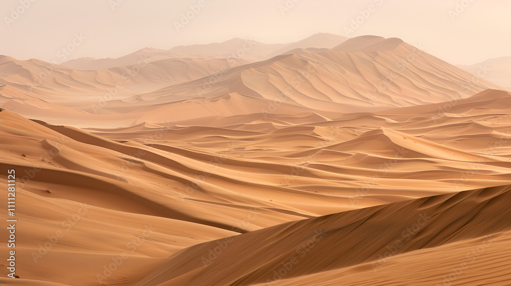 Desert country, view of endless desert sand dunes under soft, warm light, wind-carved ridges and curves etched into the sand, vastness and solitude, tranquility, isolation, and wonder Desert country, view of endless desert sand dunes under soft, warm light, wind-carved ridges and curves etched into the sand, vastness and solitude, tranquility, isolation, and wonder