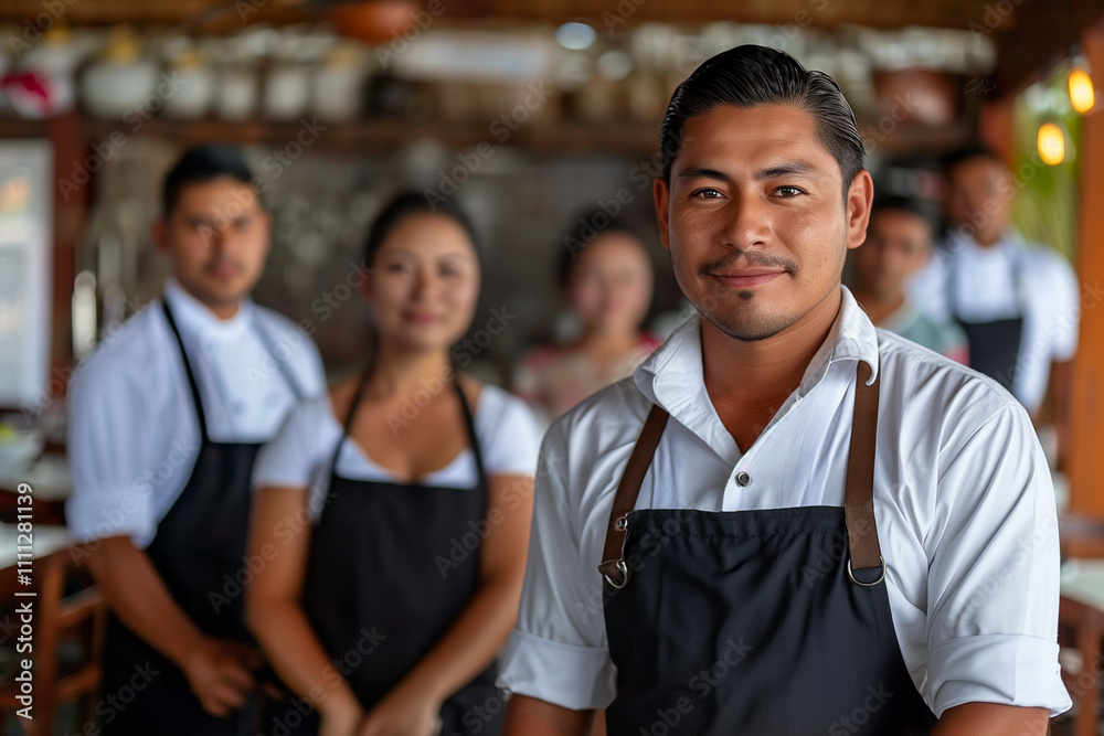 Fototapeta premium Photography of Honduras professional service staff, salesperson and cook in modern restaurant. 