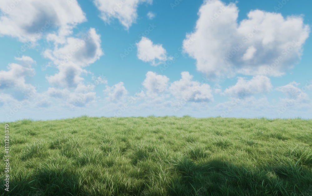 A serene landscape featuring lush green grass under a bright blue sky with fluffy clouds. A serene landscape featuring lush green grass under a bright blue sky with fluffy clouds.