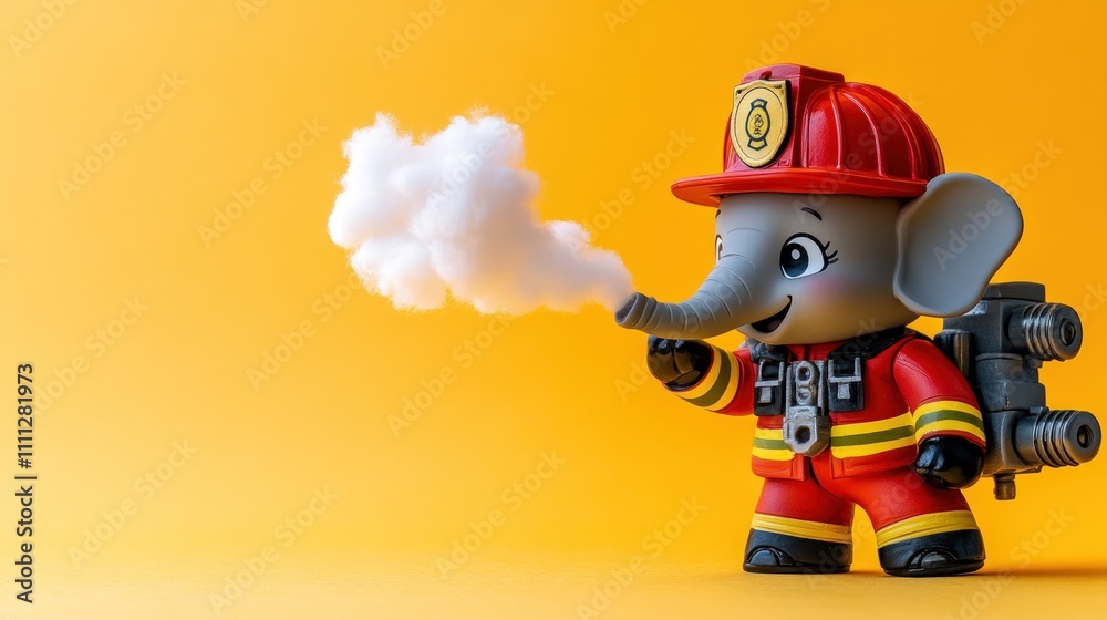 Cute elephant firefighter toy extinguishing a small fire against a yellow background. Cute elephant firefighter toy extinguishing a small fire against a yellow background.