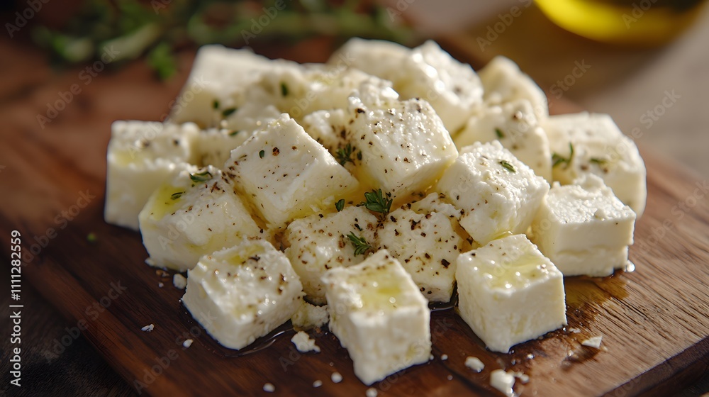 A close-up image of diced feta cheese on a wooden board