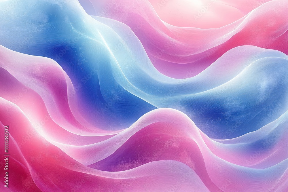 Fototapeta premium Abstract wavy lines form a soft pastel color background. Blending pink and blue shades create a fluid design. Neutral color stripes subtly highlight the movement. Generative AI style illustration.