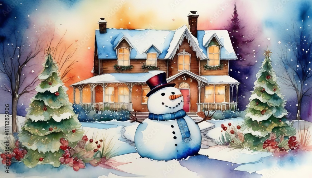 Obraz premium Illustration with snow view and snowman on Christmas night