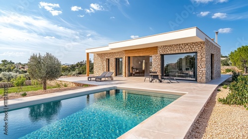Modern stone villa with pool  patio furniture  and olive trees.