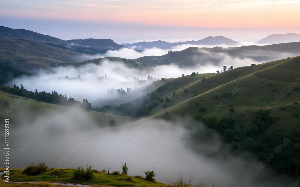 Misty mountains embrace valleys. Sunrise hues paint hills. Dense forest blankets slopes. Misty mountains embrace valleys. Sunrise hues paint hills. Dense forest blankets slopes.