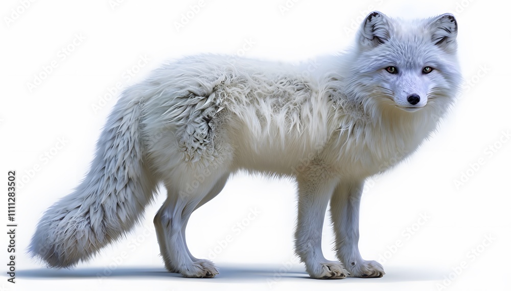 Arctic Fox with Thick Fur and Bushy Tail on a White Background Arctic Fox with Thick Fur and Bushy Tail on a White Background