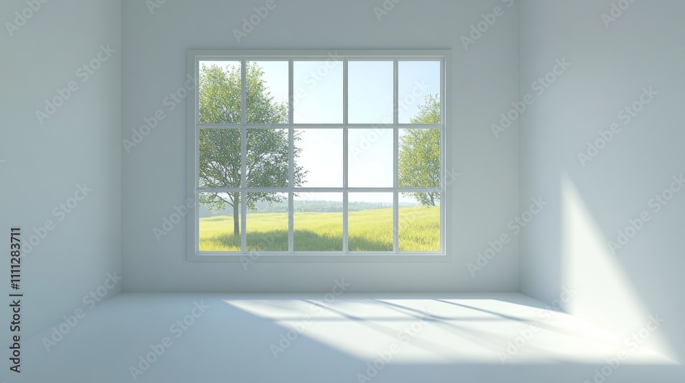 Serene Empty Room with Sunny Meadow View Serene Empty Room with Sunny Meadow View
