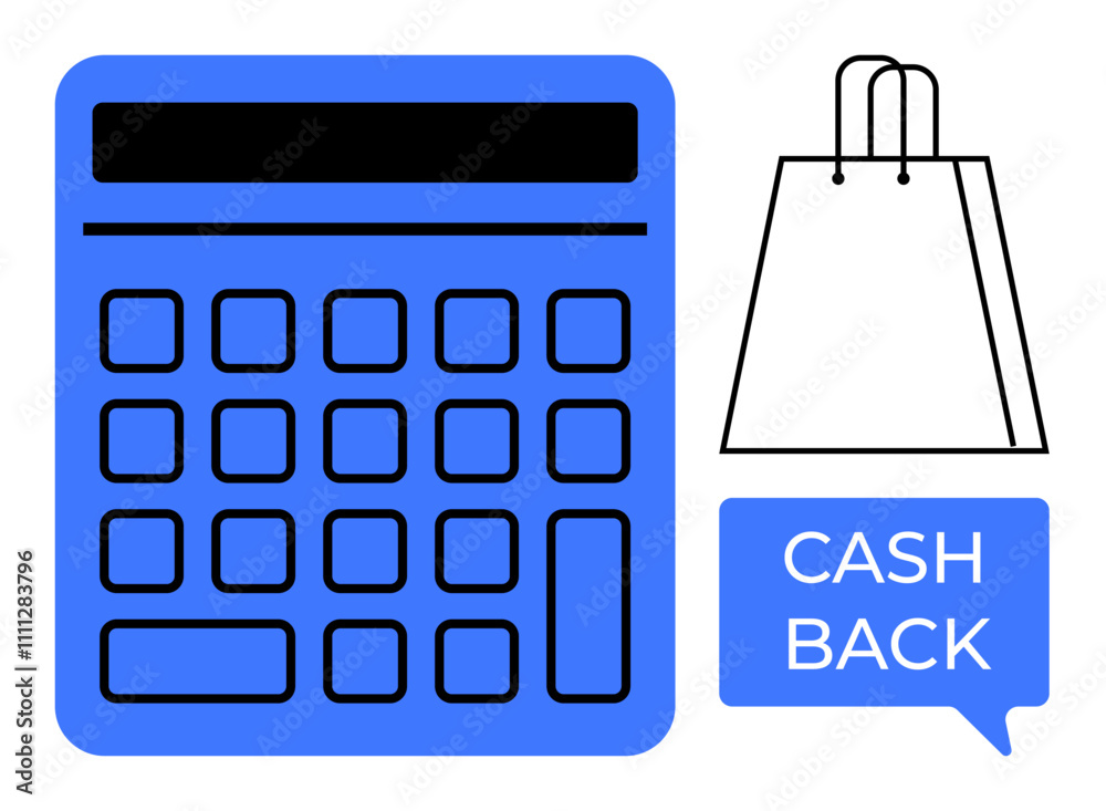 Blue calculator, shopping bag, and CASH BACK speech bubble. Ideal for finance, shopping, rewards, savings, budgeting retail and promotions. Line metaphor