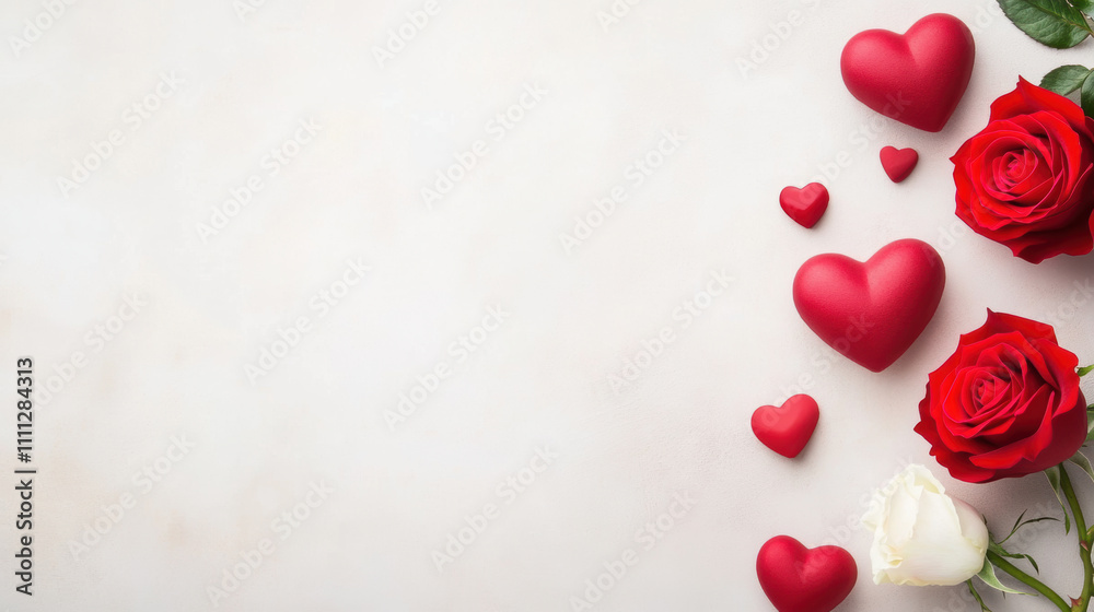 A romantic arrangement of red roses and heart shapes on a soft background, perfect for expressing love and affection, Valentine's Day scene featuring a red. A romantic arrangement of red roses and heart shapes on a soft background, perfect for expressing love and affection, Valentine's Day scene featuring a red.