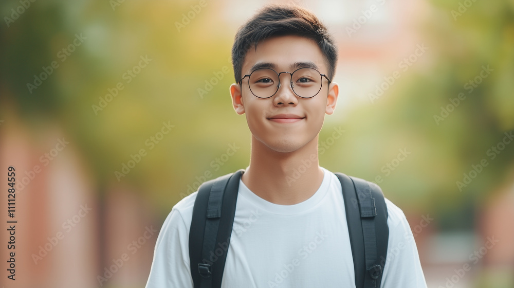 young man with glasses smiles warmly while walking outdoors, surrounded by greenery. His casual white t shirt and backpack suggest relaxed day. young man with glasses smiles warmly while walking outdoors, surrounded by greenery. His casual white t shirt and backpack suggest relaxed day.