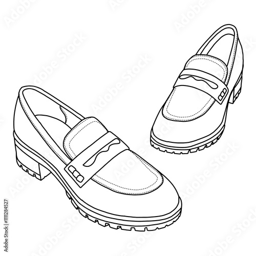 Women's Slip On Loafer Shoes Line art, Technical sketch hand drawing outline vector doodle top isometric 3D view isolated on white background for coloring page