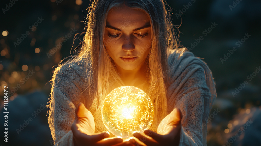 Naklejka premium Witch Conjures Light Shield to Protect Child with Amulet
