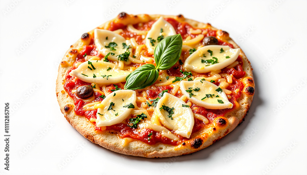 Delicious margherita pizza with fresh basil on white background Delicious margherita pizza with fresh basil on white background