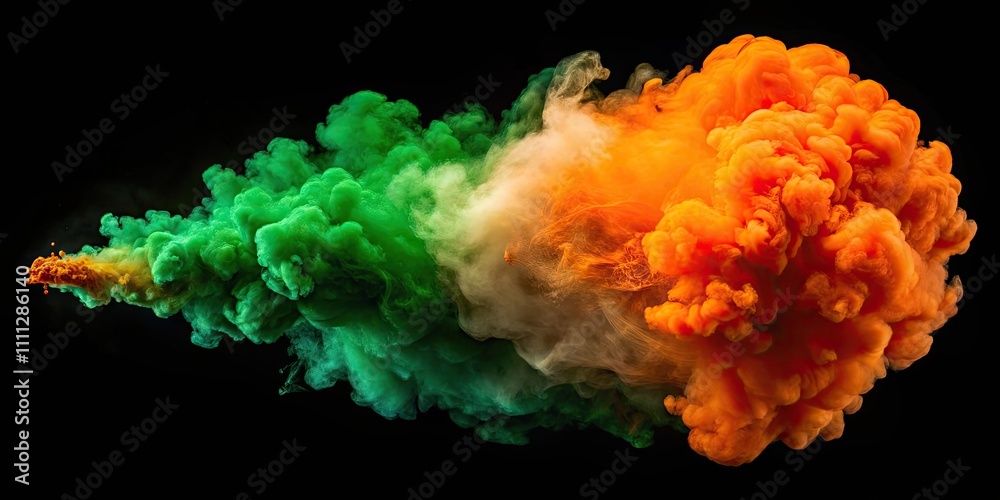 Orange and green bomb smoke billowing against a black background, explosion, colorful, vibrant, contrast, dramatic, abstract, dynamic Orange and green bomb smoke billowing against a black background, explosion, colorful, vibrant, contrast, dramatic, abstract, dynamic