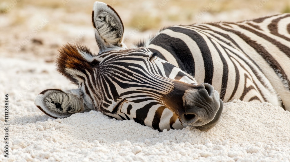 Naklejka premium Zebra resting peacefully on a sandy ground in a serene wildlife setting, AI