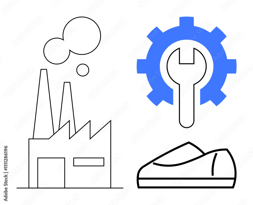 Factory, wrench in blue gear, and shoe represent industry and production. Ideal for manufacturing, factory operations, industrial maintenance, footwear production, engineering, industry concepts Factory, wrench in blue gear, and shoe represent industry and production. Ideal for manufacturing, factory operations, industrial maintenance, footwear production, engineering, industry concepts