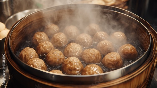 Deliciously Steamed Meatballs in a Bamboo Steamer with Lush Green Herbs and Steam Rising in a Warm Culinary Environment