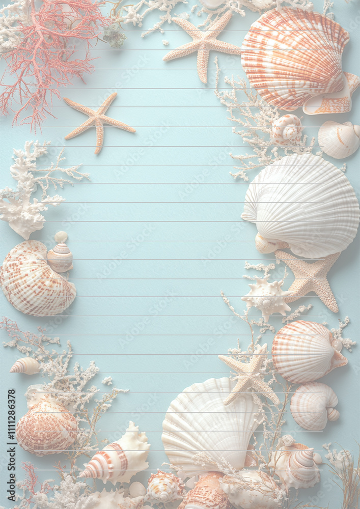 Obraz premium Papier à lettres pastel avec décorations sur le thème marin, coquillages, étoiles de mer et coraux, avec des lignes droites et fines pour l'écriture, 