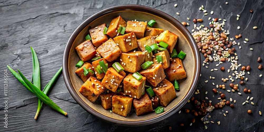 Stir fried marinated tofu with sesame seeds, soy sauce and scallions in a bowl, top view, tofu, stir fried Stir fried marinated tofu with sesame seeds, soy sauce and scallions in a bowl, top view, tofu, stir fried