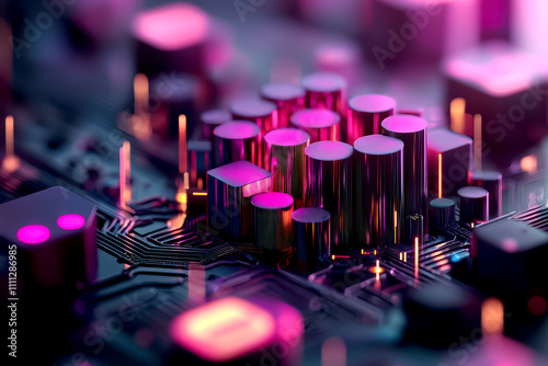 Advertising insights from a digital marketing agency for businesses concept. Abstract close-up of a circuit board with colorful metallic components and vibrant lighting.