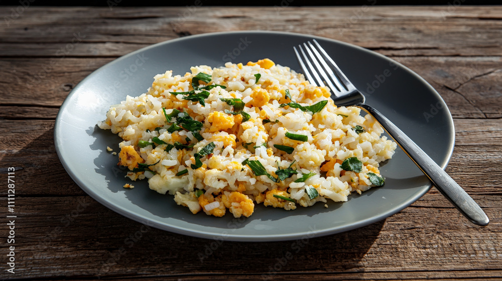plate of cauliflower fried rice with scrambled eggs and green onions is served on rustic wooden table, creating warm and inviting meal setting plate of cauliflower fried rice with scrambled eggs and green onions is served on rustic wooden table, creating warm and inviting meal setting