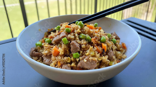 bowl of cauliflower fried rice with crispy texture, featuring diced carrots, peas, and chunks of meat, served with chopsticks on table. dish is vibrant and appetizing