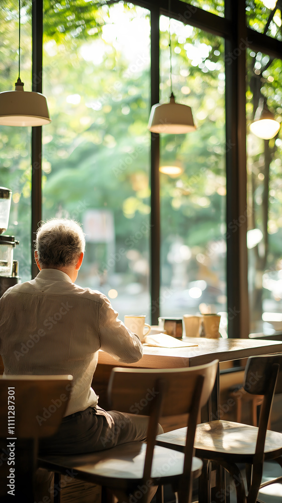 Concept of Self-reflection and growth for New Year Resolutions 2025. A person sits alone at a café table, surrounded by bright natural light and greenery, focused on their work or leisure activity. Concept of Self-reflection and growth for New Year Resolutions 2025. A person sits alone at a café table, surrounded by bright natural light and greenery, focused on their work or leisure activity.