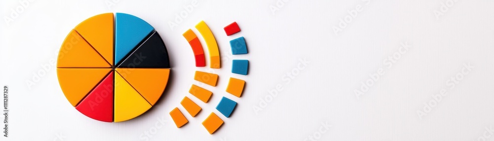 Fototapeta premium Advertising insights from a digital marketing agency for businesses concept. Colorful pie chart and abstract shapes on a white background, representing data visualization.