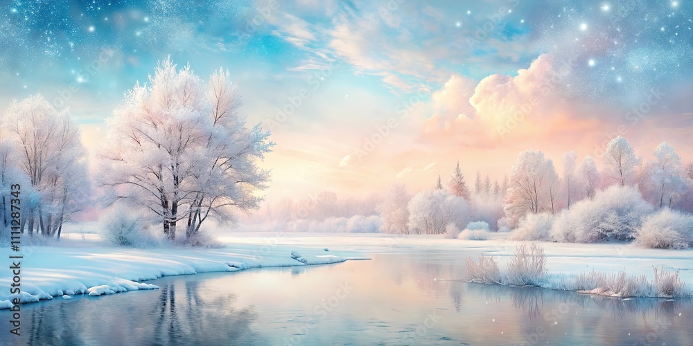 Fototapeta premium Pastel nature landscape with a snowy winter scene, pastel colors, winter wonderland, snow-covered, serene, tranquil, cold
