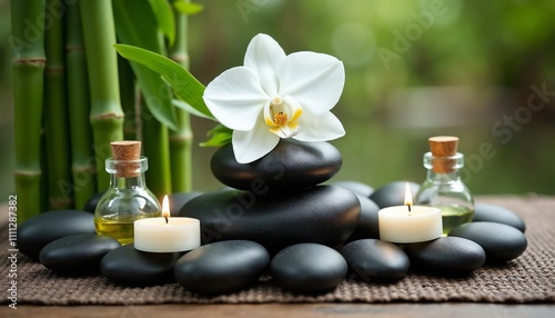 A serene spa scene featuring black stones, a white orchid, candles, and essential oils, creating a calming and meditative environment perfect for relaxation and rejuvenation.

