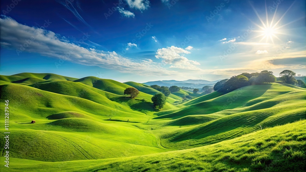 Obraz premium Green hills under a clear blue sky on a sunny day, scenic, landscape, nature, outdoors, countryside, idyllic, peaceful