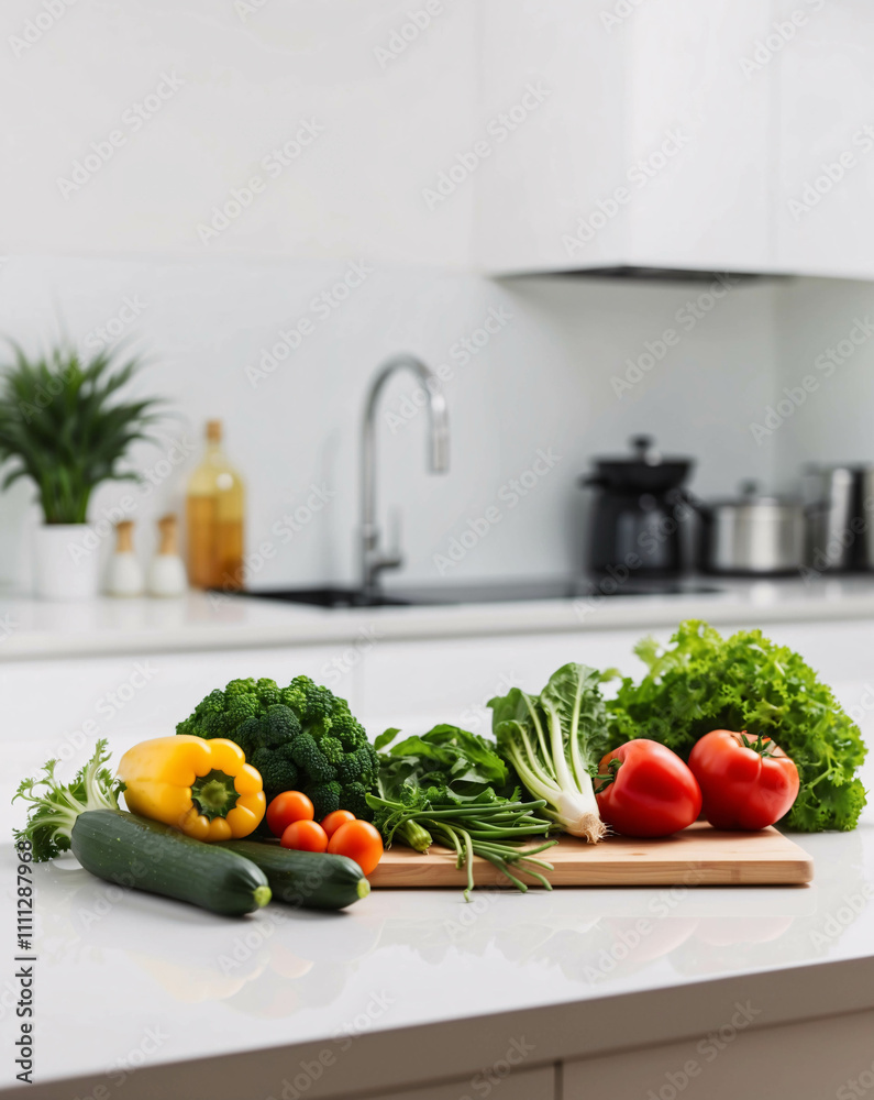 Clean and Sleek Modern Kitchen with Fresh Vegetables Arranged on a White Table Surface Clean and Sleek Modern Kitchen with Fresh Vegetables Arranged on a White Table Surface