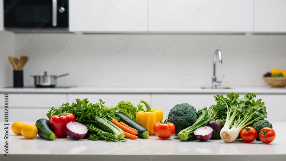 Colorful Fresh Vegetables Neatly Arranged on a White Table in a Bright Minimalist Kitchen Colorful Fresh Vegetables Neatly Arranged on a White Table in a Bright Minimalist Kitchen