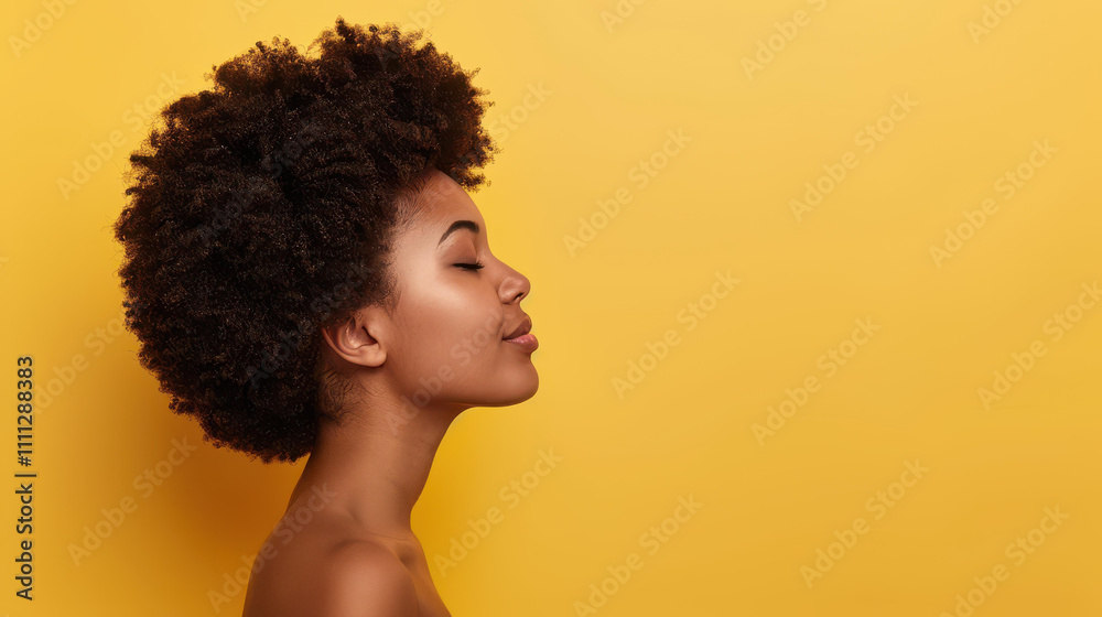 A striking closeup of a young black woman showcasing her beautiful afro hair, radiating confidence and charm. A striking closeup of a young black woman showcasing her beautiful afro hair, radiating confidence and charm.