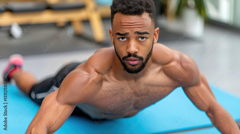 Fit man shows off his strength by performing crunches on a mat in the gym, highlighting his toned physique and dedication. Fit man shows off his strength by performing crunches on a mat in the gym, highlighting his toned physique and dedication.