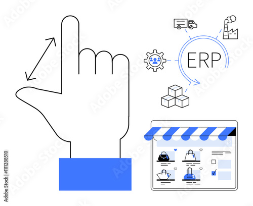 Hand pointing up with arrows and icons of ERP systems, logistics, factory, gear, packages, and online shopping store interface. Ideal for business processes, logistics, management e-commerce
